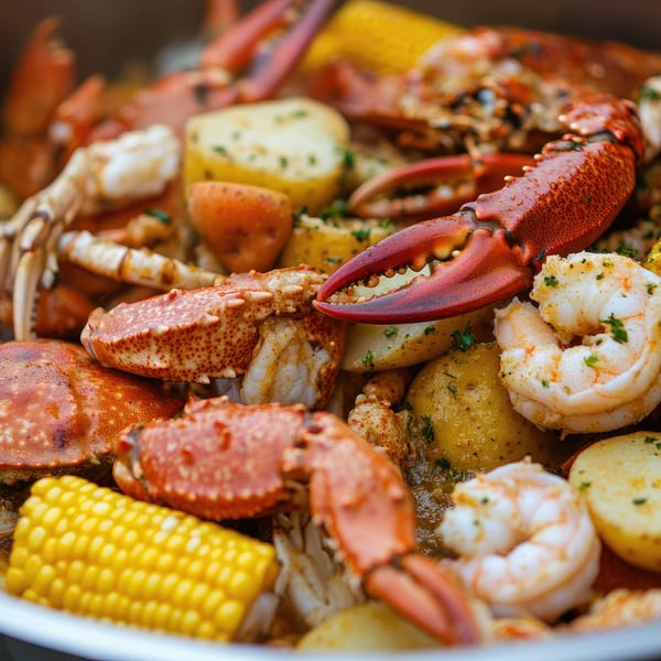 Close-up of a seafood boil with crabs, shrimp, corn on the cob, and potatoes in a pot.