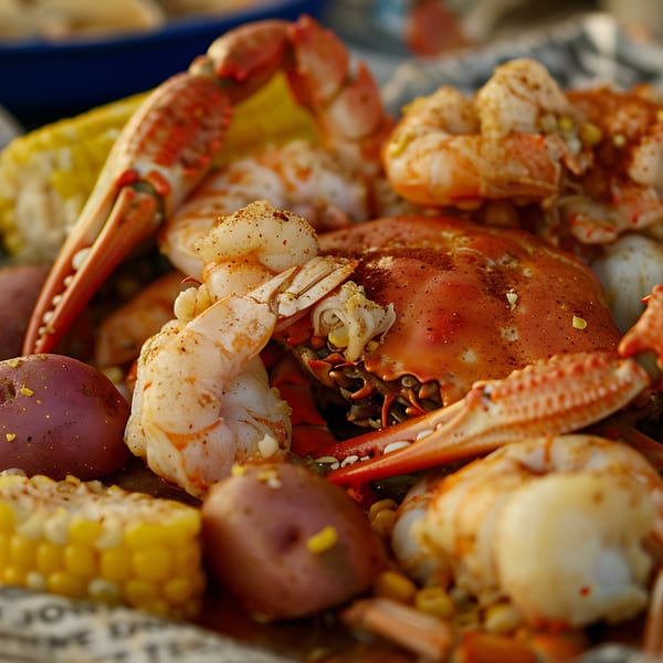 Close-up of a seafood boil with crab, shrimp, corn on the cob, and potatoes.