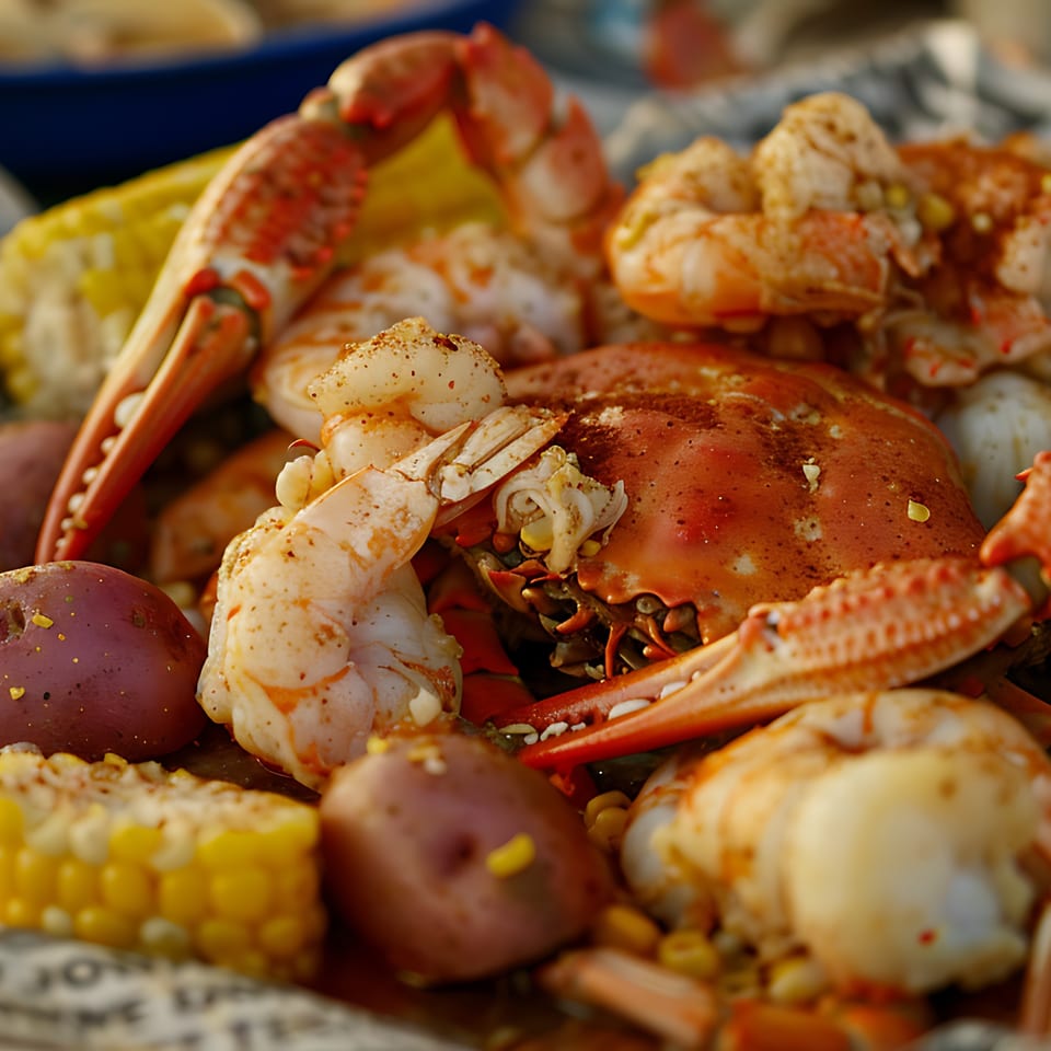 Close-up of a seafood boil with crab, shrimp, corn on the cob, and potatoes.
